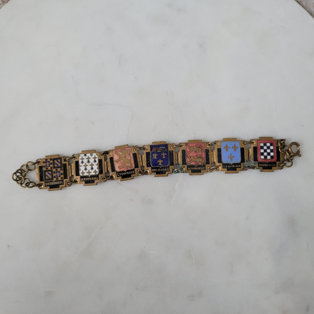 Vintage French coat of arms bracelet brass enamel